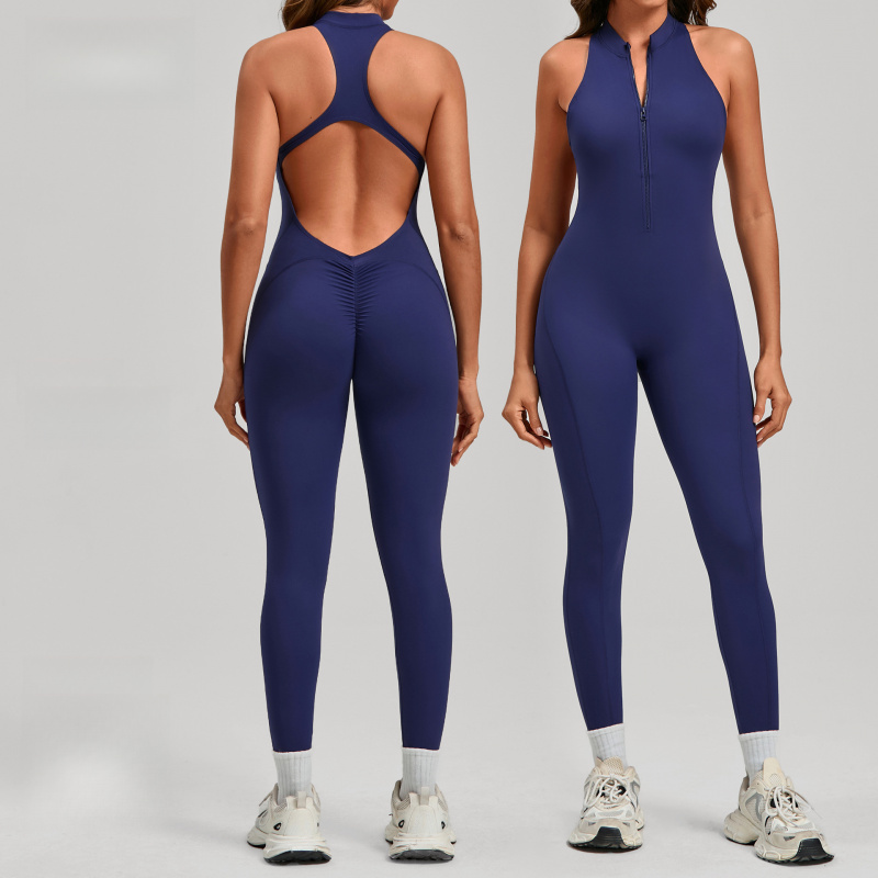 Yoga Fitness Jumpsuit - ชุดจั๊มสูทโยคะแบบซิปสำหรับฤดูใบไม้ผลิและฤดูร้อน ดีไซน์โชว์หลังสวยงาม เหมาะสำหรับวิ่ง ฟิตเนส ออกกำลังกาย เสื้อผ้าออกกำลังกายสำหรับผู้หญิง