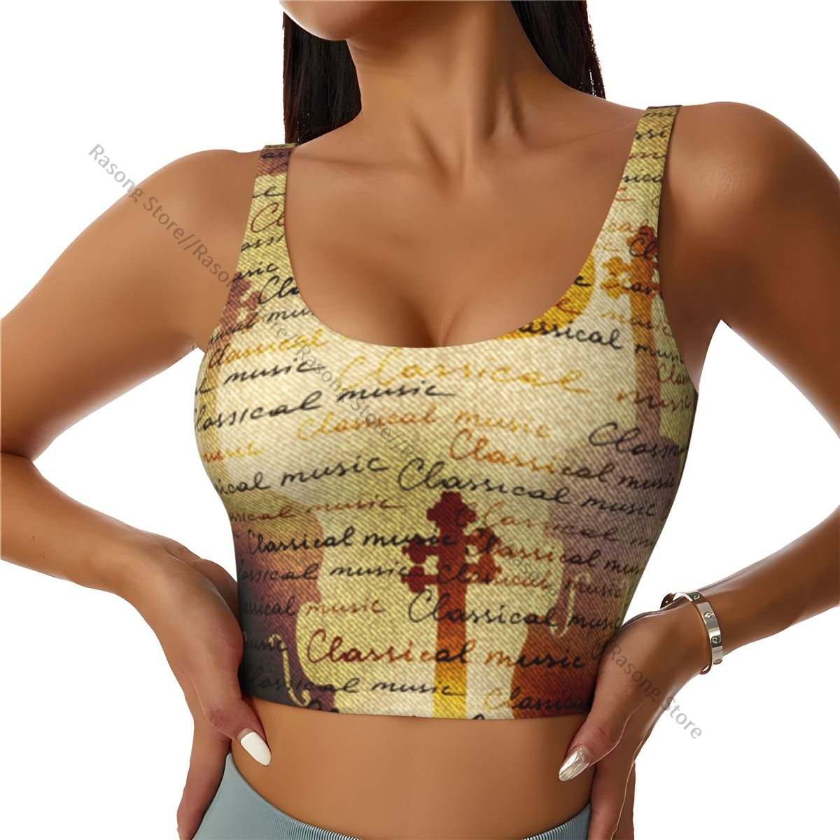 Yoga Fitness Music - เสื้อชั้นในกีฬาสำหรับผู้หญิง วิ่ง โยคะ เสื้อกล้ามพิมพ์ลายดนตรีคลาสสิกและภาพไวโอลิน เสื้อออกกำลังกาย