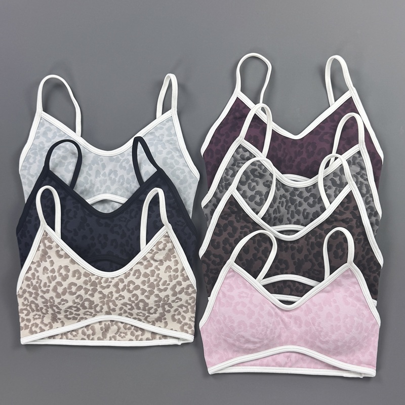Stretch Strap Yoga - สปอร์ตบราผู้หญิงลายเสือดาว สายปรับได้ บราแบบมีซับใน ยืดหยุ่นสูง ทรงครอปท็อป สำหรับออกกำลังกาย