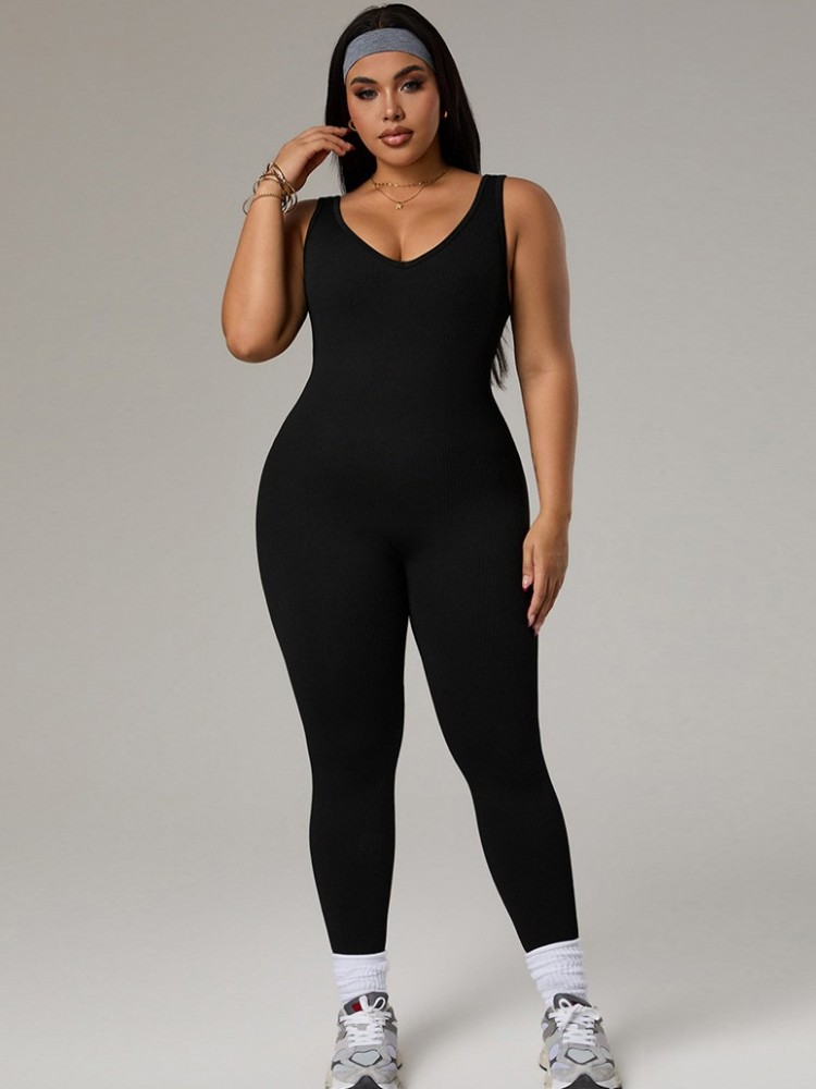 Yoga Fitness Jumpsuit - ชุดวอร์มออกกำลังกายสำหรับผู้หญิงไซส์ใหญ่ ชุดกีฬา ชุดจั๊มสูทเปิดหลัง ชุดโยคะฟิตเนส ชุดบอดี้สูทเปิดหลัง