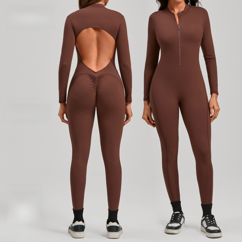 Yoga Fitness Jumpsuit - จั๊มสูทโยคะแขนยาวแบบมีซิป สีนู้ด สำหรับผู้หญิง ออกกำลังกายกลางแจ้ง กางเกงขายาวรัดรูป ชุดออกกำลังกายแบบชิ้นเดียวสำหรับผู้หญิง