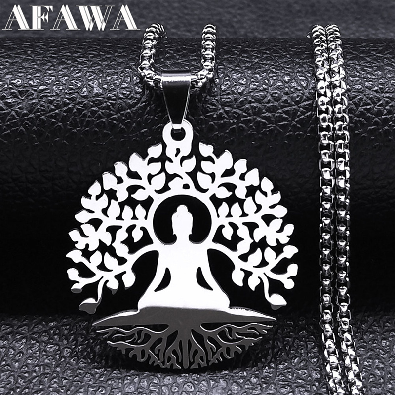 Yoga Fitness Model - สร้อยคอจี้พระพุทธรูปสำหรับการนั่งสมาธิ โยคะ สร้อยคอสแตนเลสลายต้นไม้แห่งชีวิต เครื่องประดับพุทธศาสนา สร้อยคอสำหรับผู้หญิง