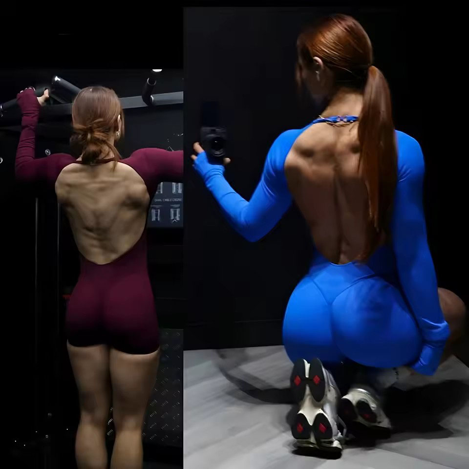 Yoga Fitness Jumpsuit - ชุดจั๊มสูทแขนยาวสำหรับผู้หญิง ชุดออกกำลังกายโยคะไร้ตะเข็บแบบชิ้นเดียว ดีไซน์เปิดหลัง