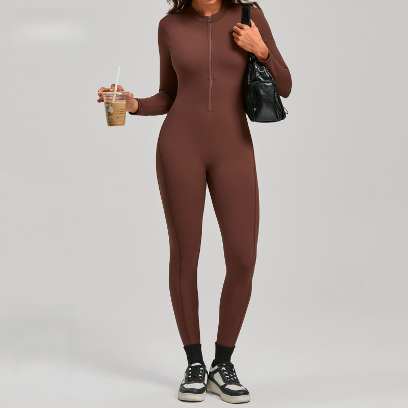จั๊มสูทโยคะแขนยาวแบบมีซิป สีนู - Yoga Fitness Jumpsuit บทวิจารณ์และราคา