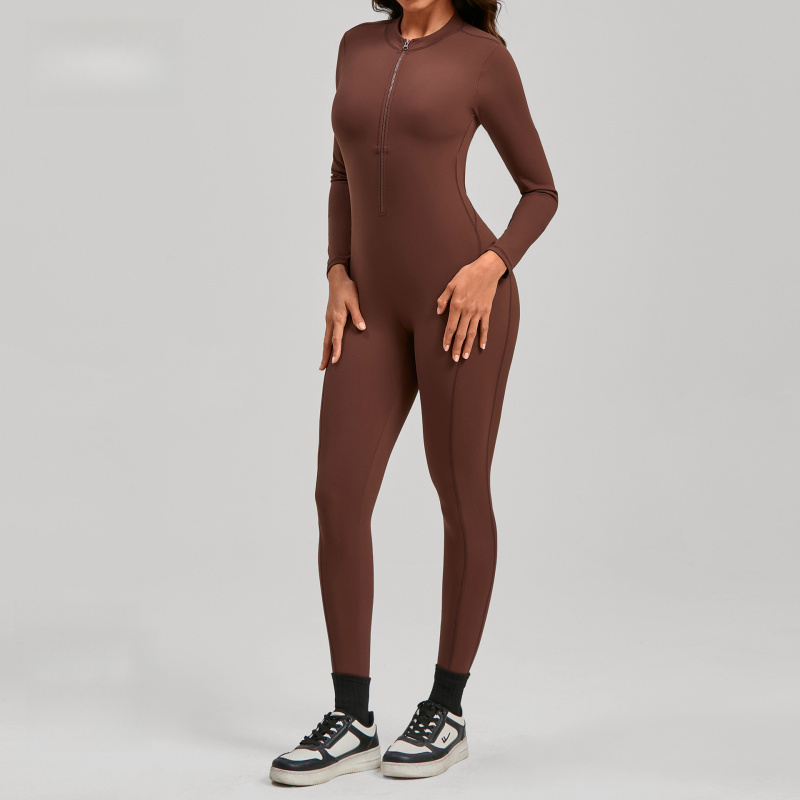 จั๊มสูทโยคะแขนยาวแบบมีซิป สีนู - Yoga Fitness Jumpsuit บทวิจารณ์และราคา